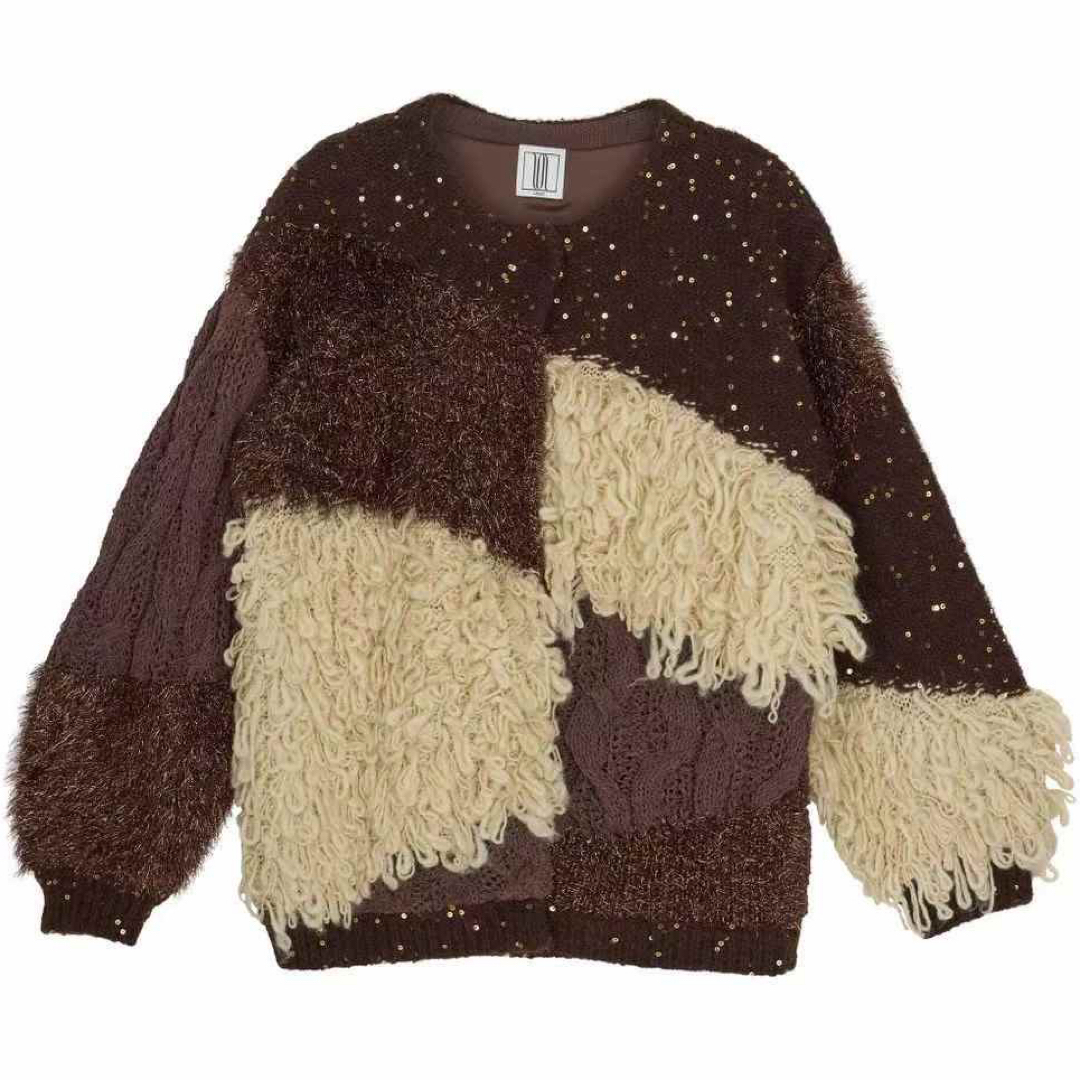 UND MIX YARN PATCHWORK KNIT CARDIGAN