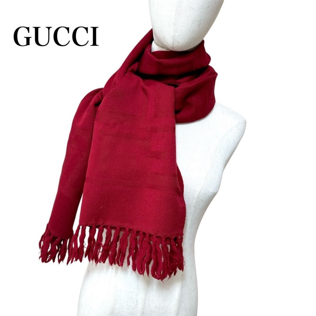 GUCCI - 美品□GUCCI グッチ ウール 100％ フリンジ マフラー レッド