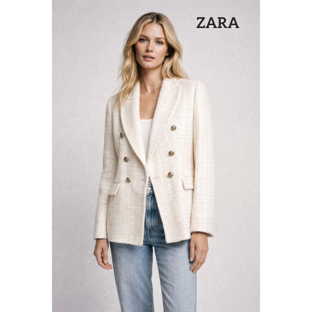 ZARA - ZARA ツイード ダブル ブレスト ジャケット 金ボタン 白 XS