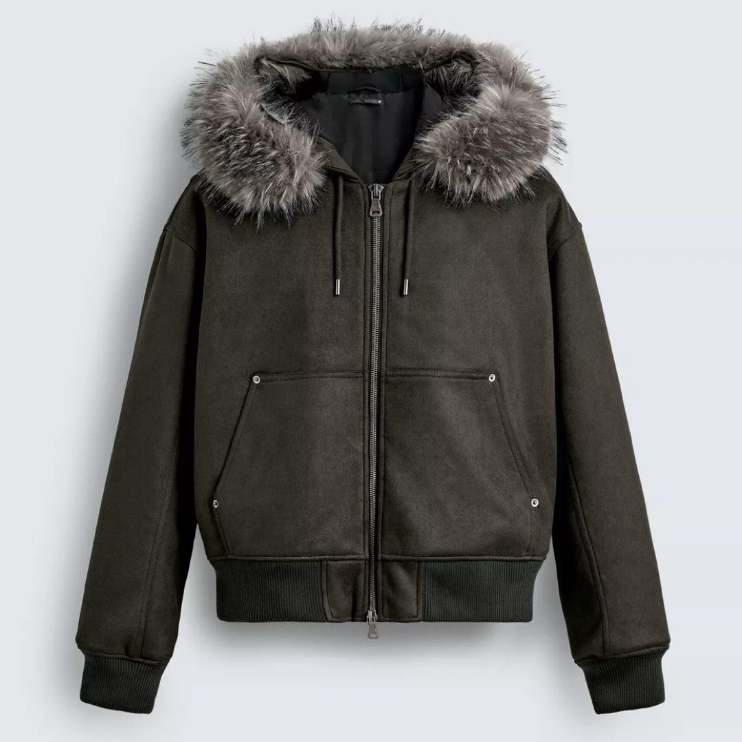 ZARA フェイクスエード キルティングジャケット フードファージャケット