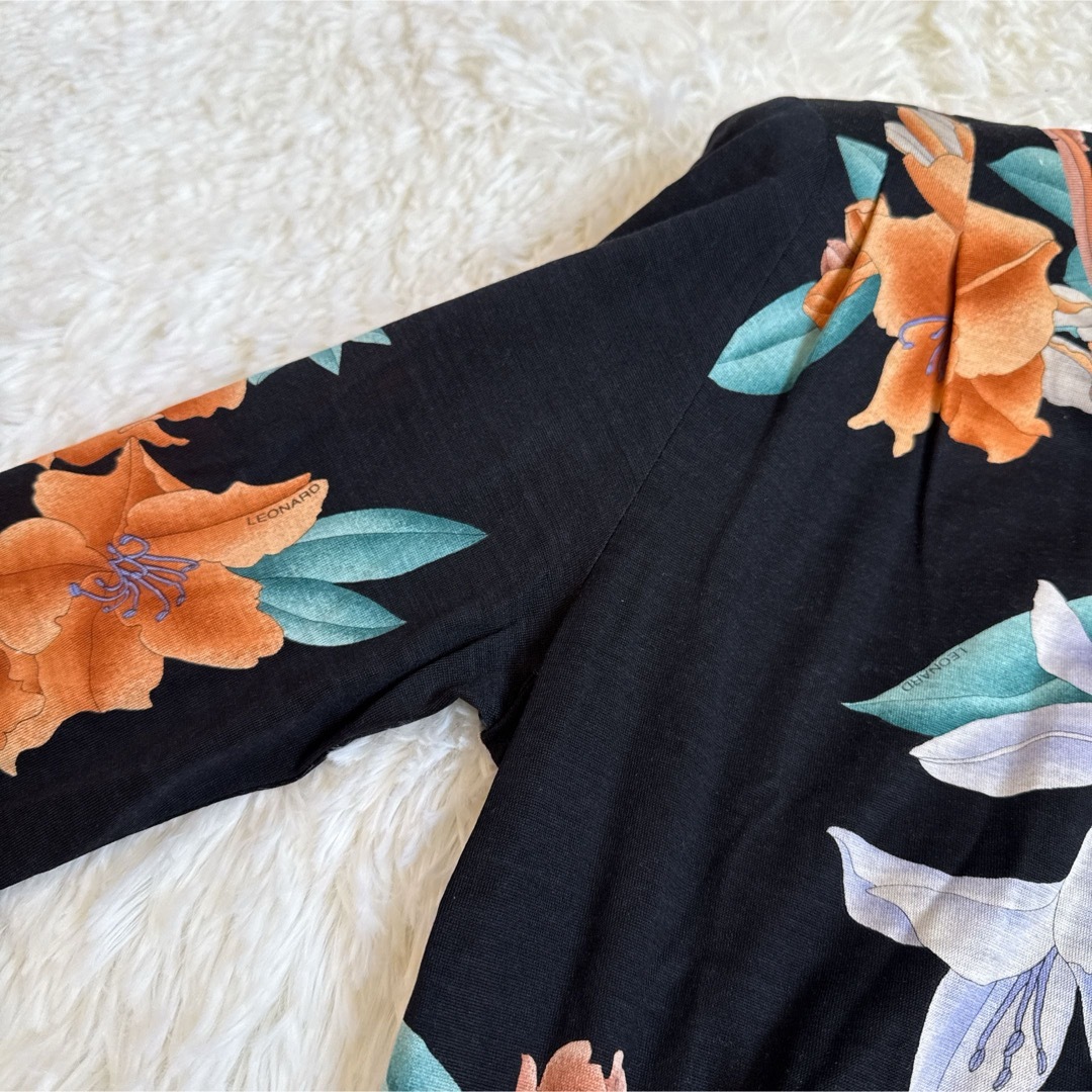 レオナール✨カットソー トップス 手洗い可能 トリム ストレッチ 花 黒