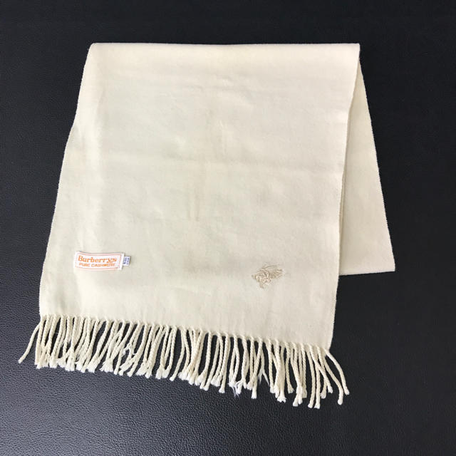 BURBERRY - バーバリー カシミヤ 白 アイボリー マフラー 無地 刺繍 の