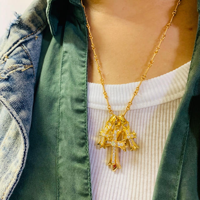 22k gp加工、3連 クロスネックレス、クロムハーツ好きに、ツイスト