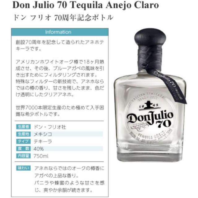ドン フリオ 高級テキーラ DON JULIO 70周年記念ボトル 日本未発売の