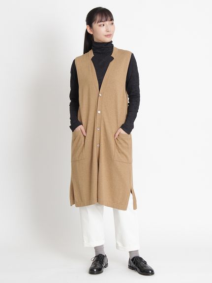 マーセライズドウールコットンニットロングベスト（ニット）｜KEI
