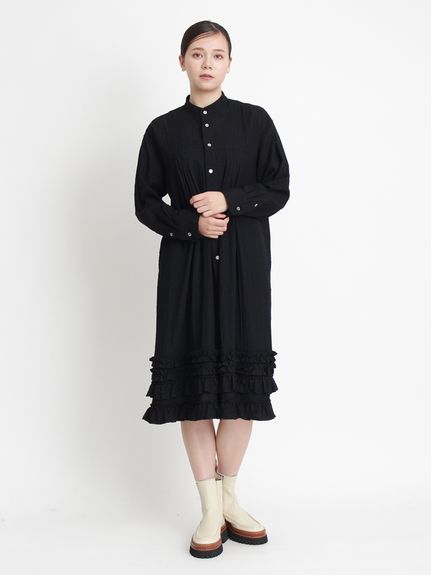 ウールリファイン裾フリルワンピース(前開き)（シャツワンピース