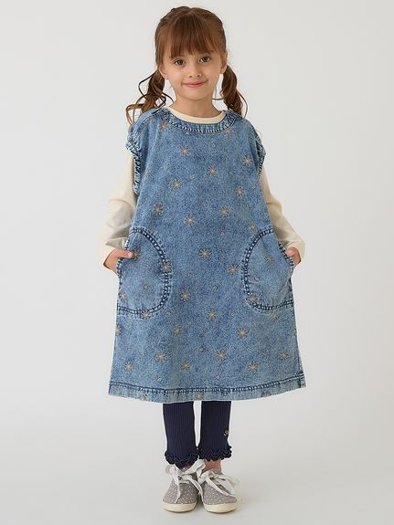 フラワードット刺繍7オンスストレッチデニムワンピース（ノースリ