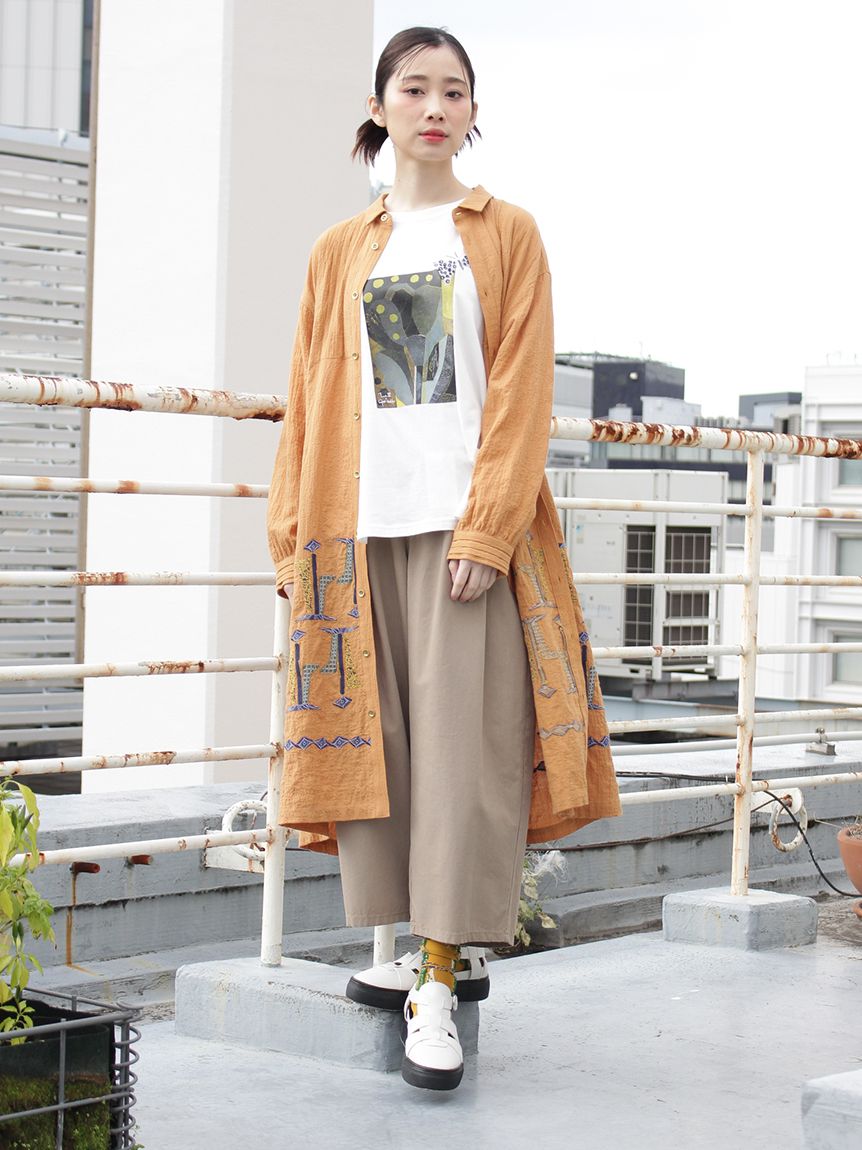 SUPER HAKKA×椎木彩子 「Plants Rhythm」刺繍シャツワンピース(前開き