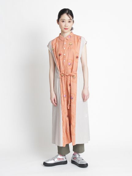 窓辺の花ジャカード×ストライプノースリーブワンピース（ノースリーブ