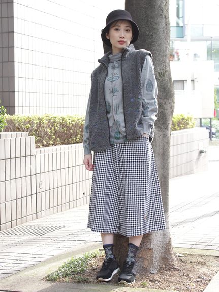 フラワーワンポイント刺繍 コットンブロークンドビーチェックガウチョ