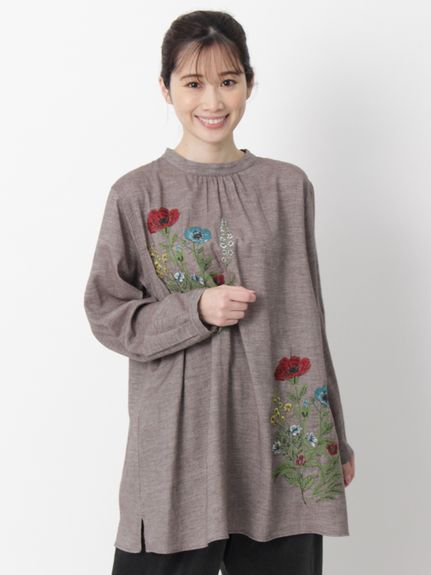 コットンビエラ先染めシャンブレービッグポピーブーケ刺繍チュニック