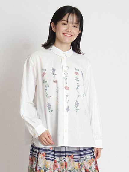 コットンポリエステルシャンブレーフラワーストライプモチーフプリント