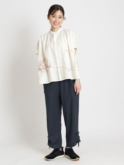 コットンローンワッシャー ホームワード刺繍ブラウス（ブラウス