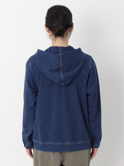 コットンストレッチインレイデニム フラワーボーラー刺繍フーディ