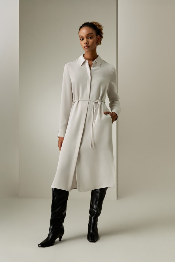 30匁ロープタイ膝下丈 シルク シャツワンピース