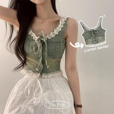 レースデニムコルセットビスチェ｜ノースリーブ｜韓国ファッション通販