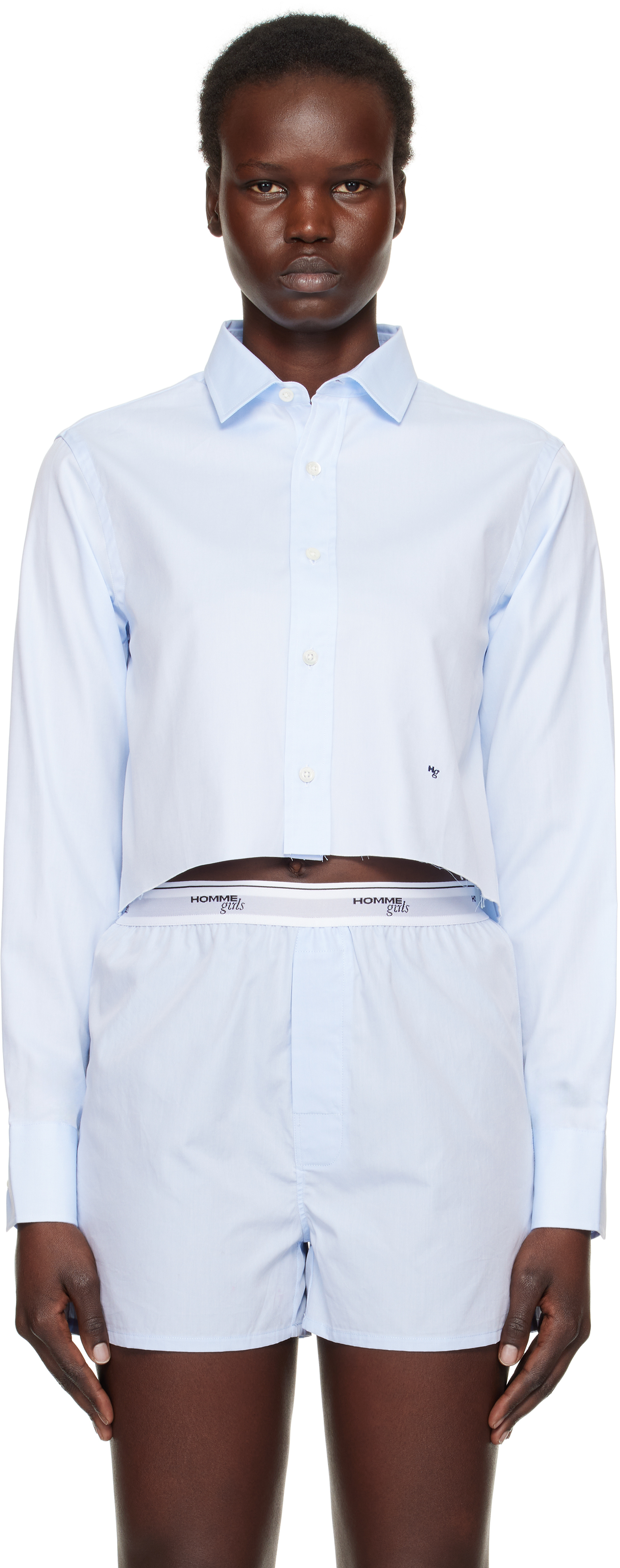 HommeGirlsのブルー クロップド シャツがセール中