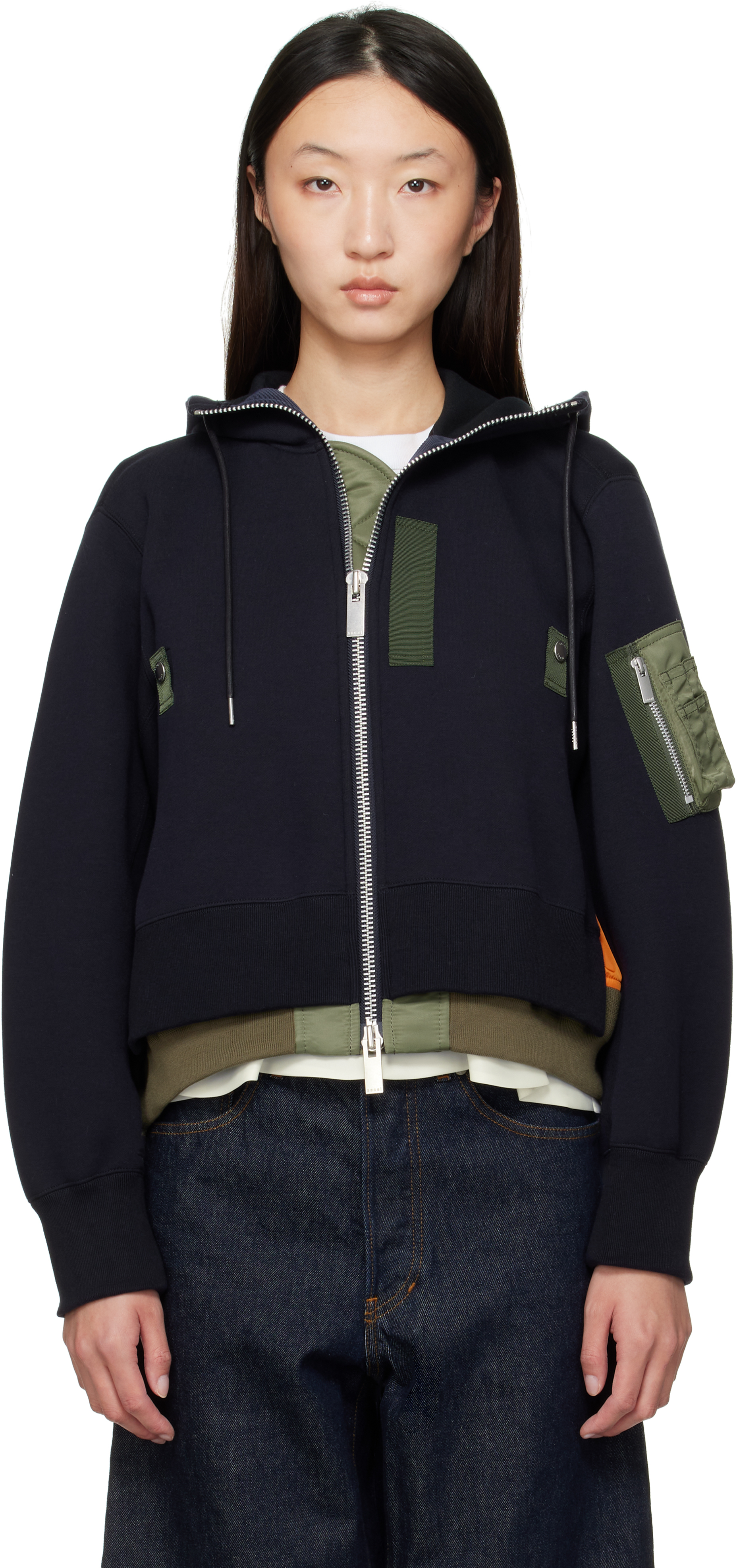 sacai: Navy & Khaki Sponge Sweat x Nylon Twill Hoodie | SSENSE