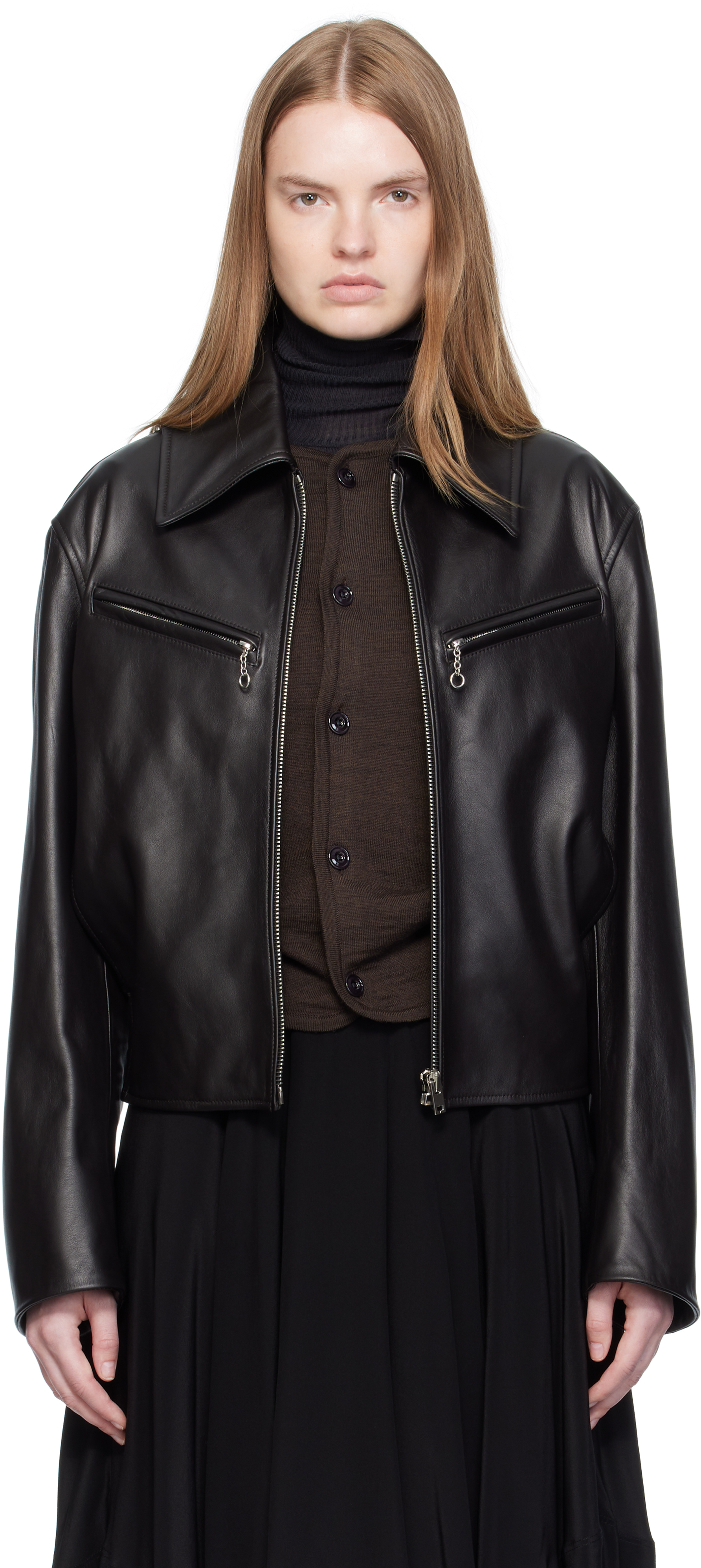 Brown Boxy Leather Blouson Jacket by LEMAIRE on Sale