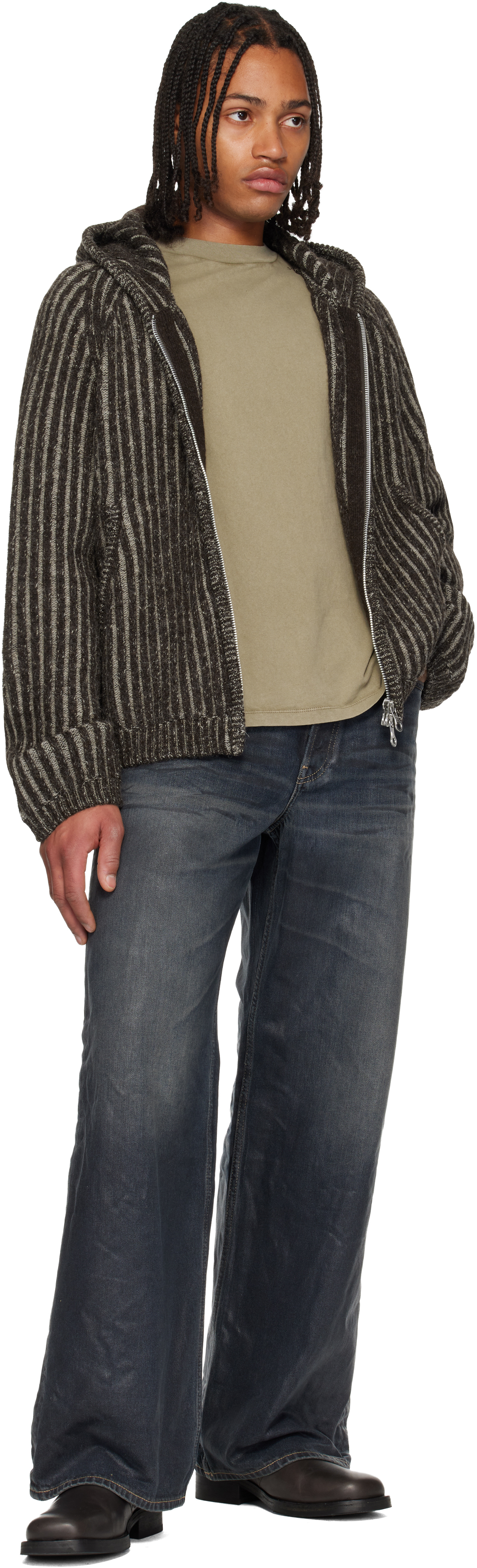 Our Legacy Mens Level Ribbed Wool Hoodie Vanise Brown Stripe In