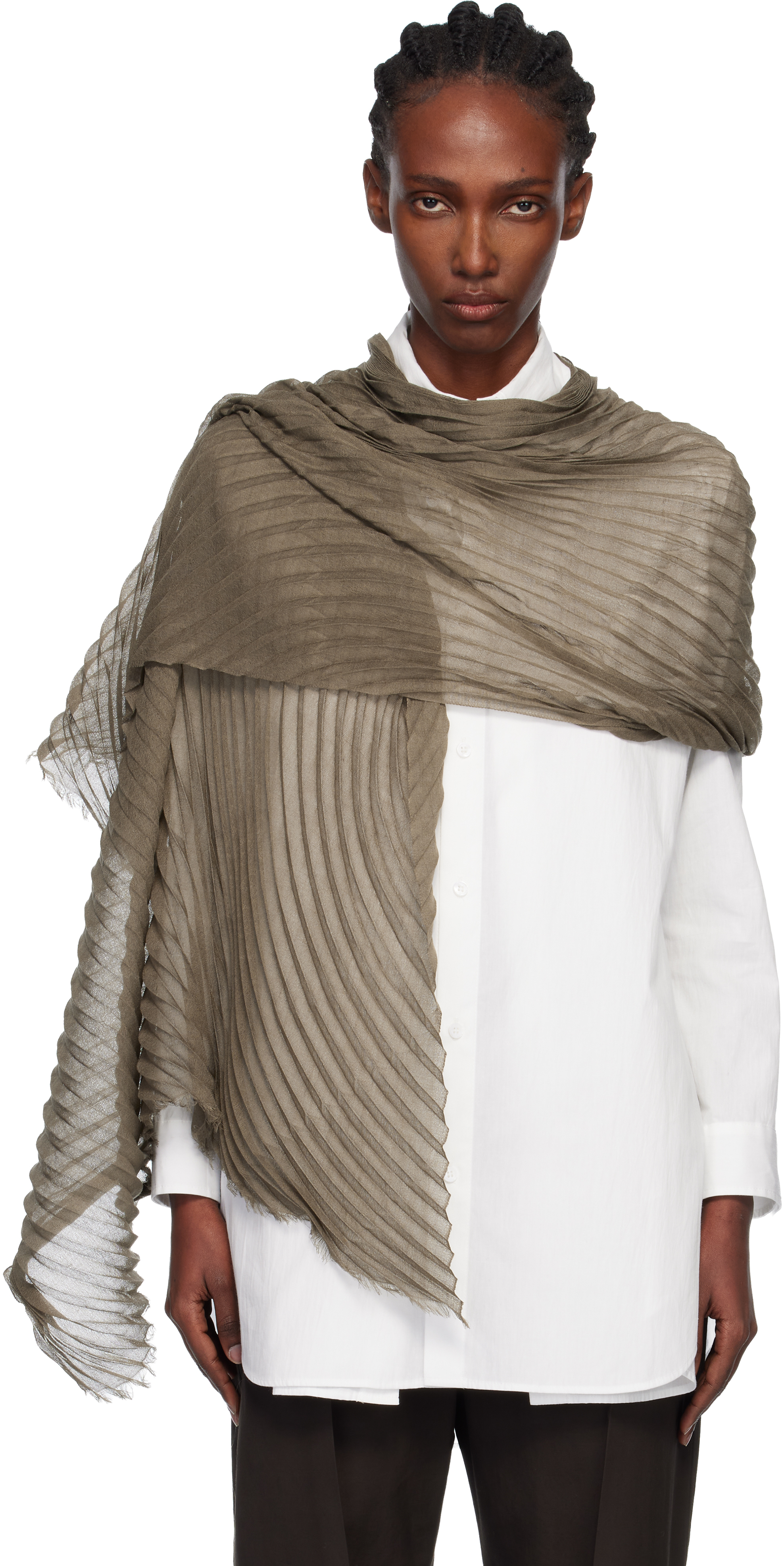 Khaki Silk Wool Pleats Stole Scarf by ISSEY MIYAKE on Sale