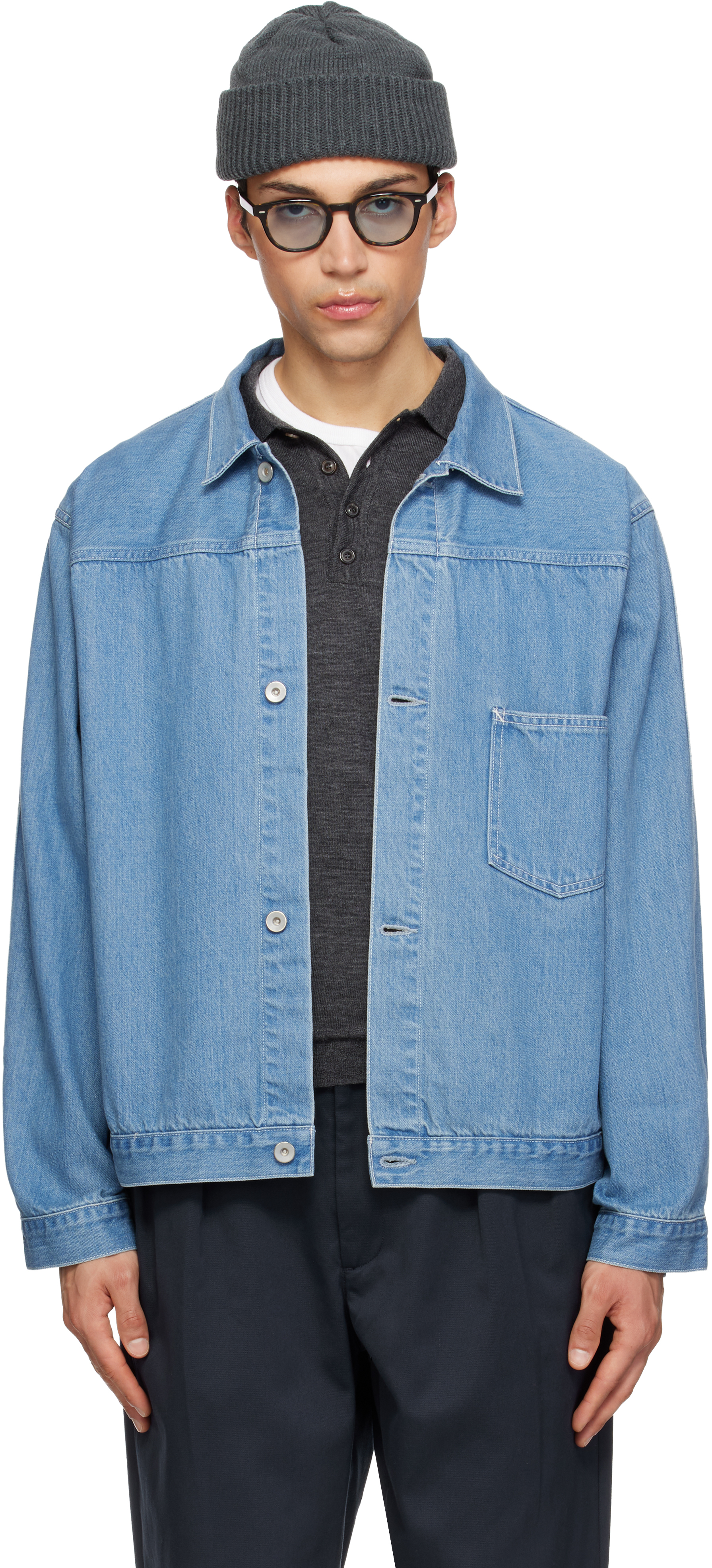 nanamica: ブルー ショート デニムジャケット | SSENSE 日本