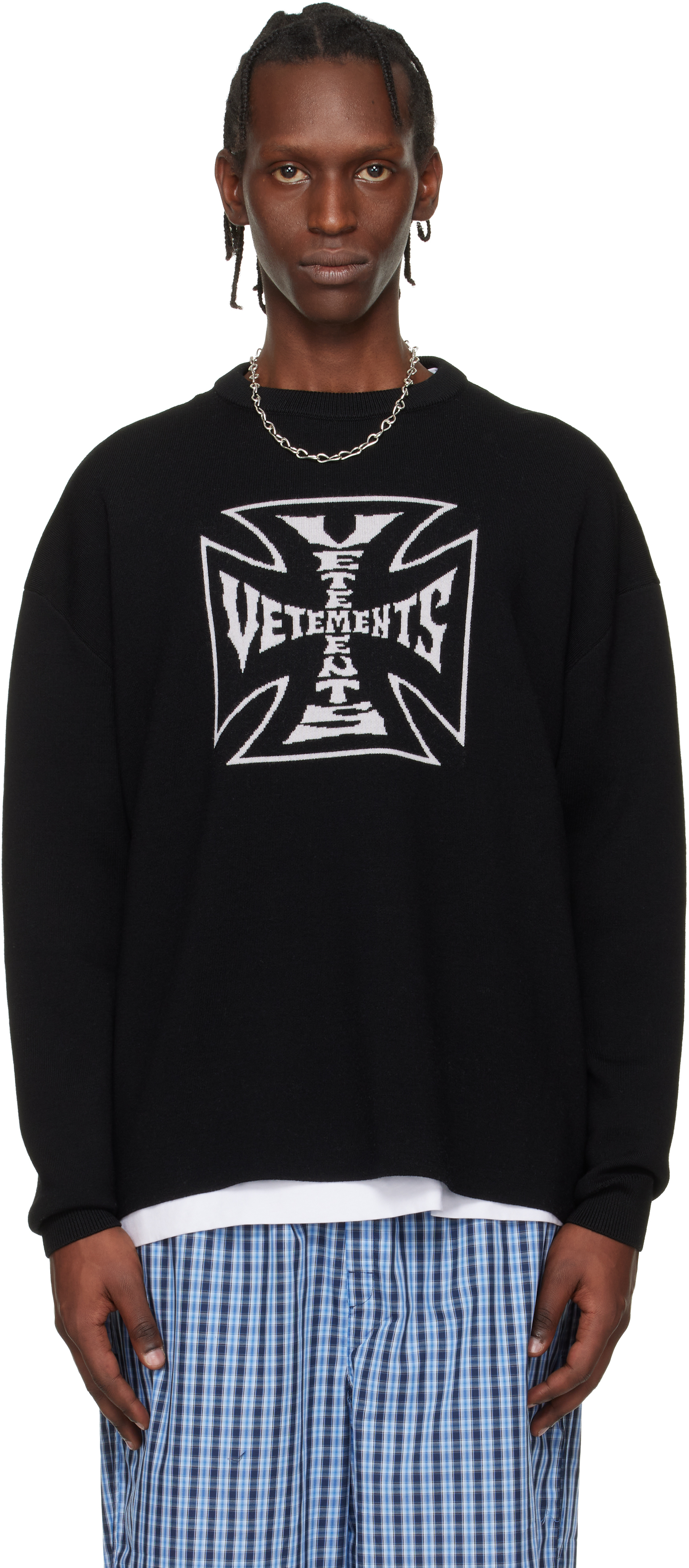 VETEMENTS: Black Double Biker Cross Logo Sweater | SSENSE
