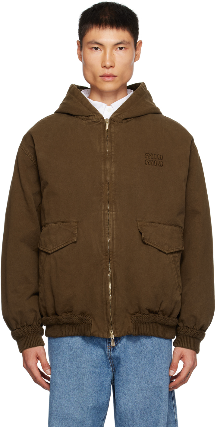 Miu Miu: Brown Hooded Down Jacket | SSENSE Canada