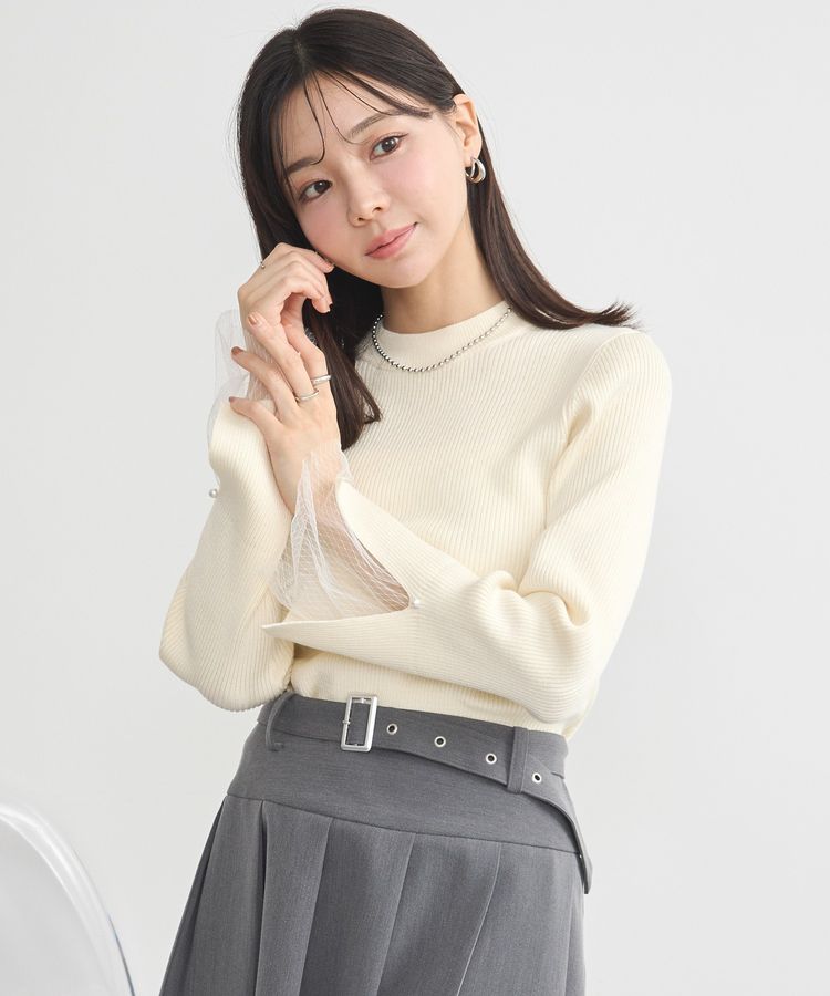 スリットチュールスリーブニットプルオーバー/earth music&ecology