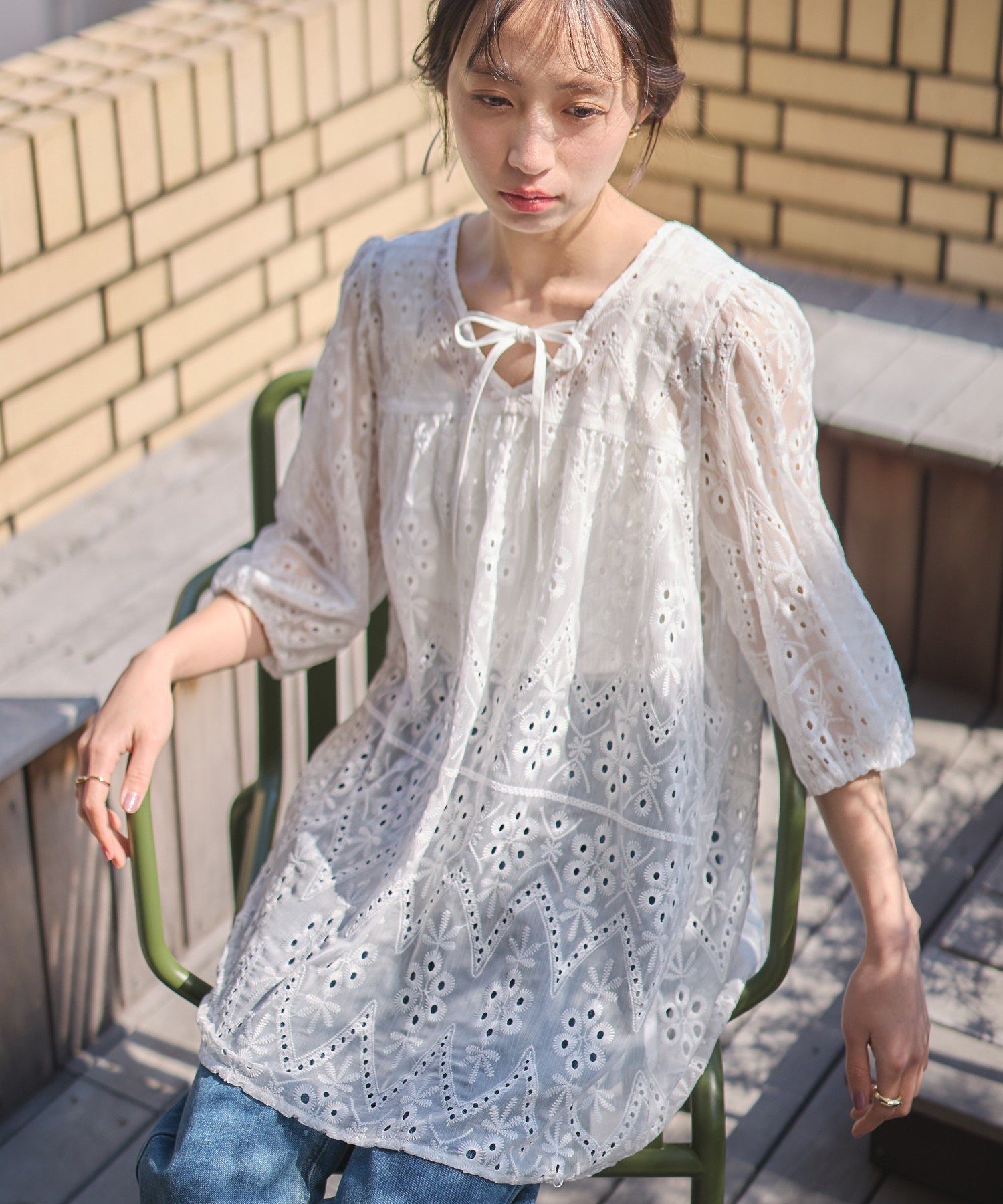 パフスリーブ楊柳刺繍チュニック/earth music&ecology（アース