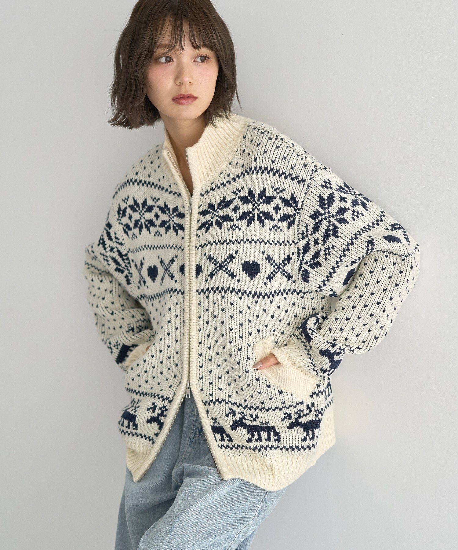 ダブルzipノルディックカウチンニットカーディガン/earth