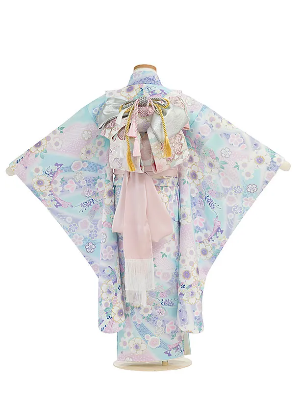 七五三7歳❣️人気Blue暈し古典柄❣️扇熨斗花々金彩煌びやか際立つ