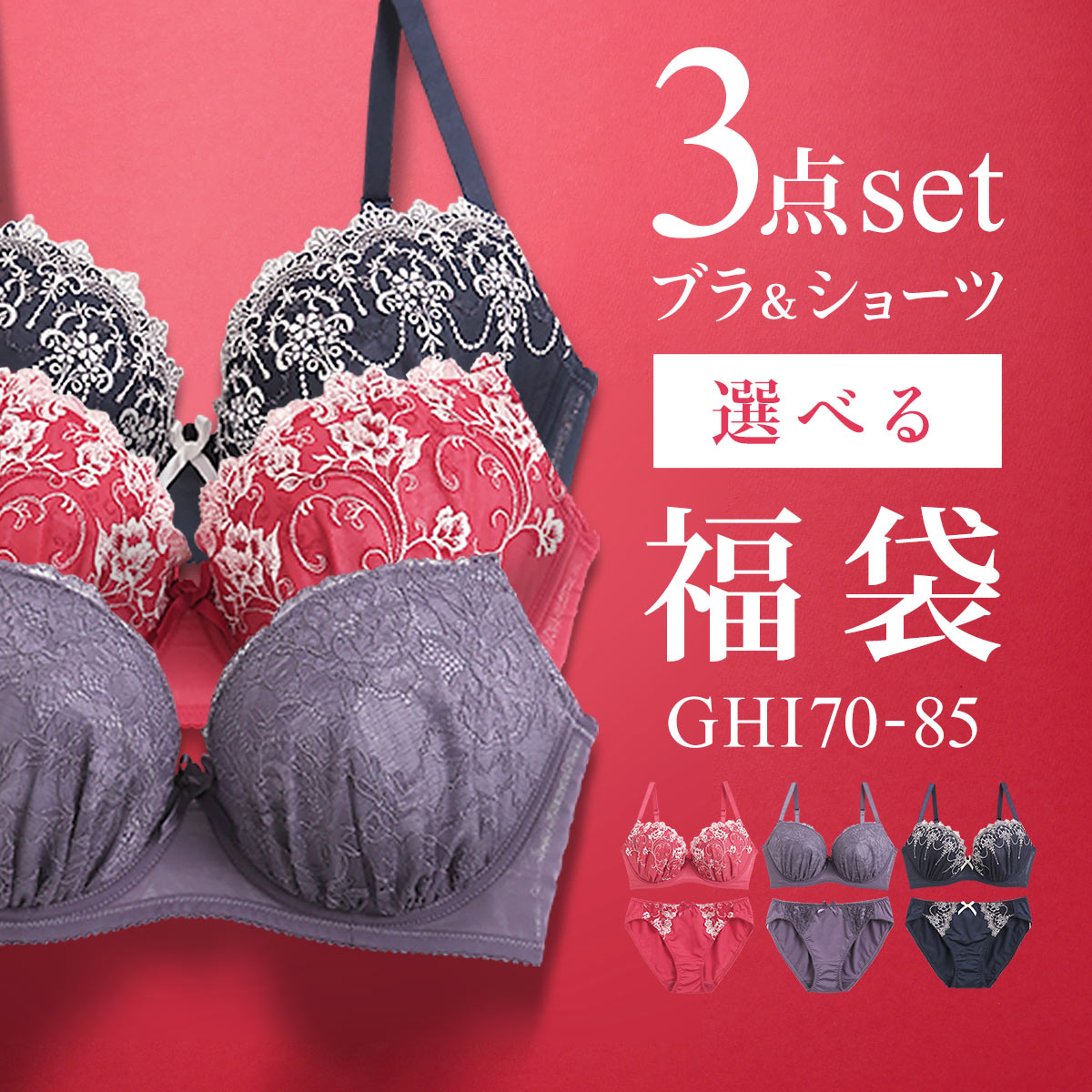 ブラジャー ショーツ セット 3点 中身が見える福袋 GHI 大きいサイズ