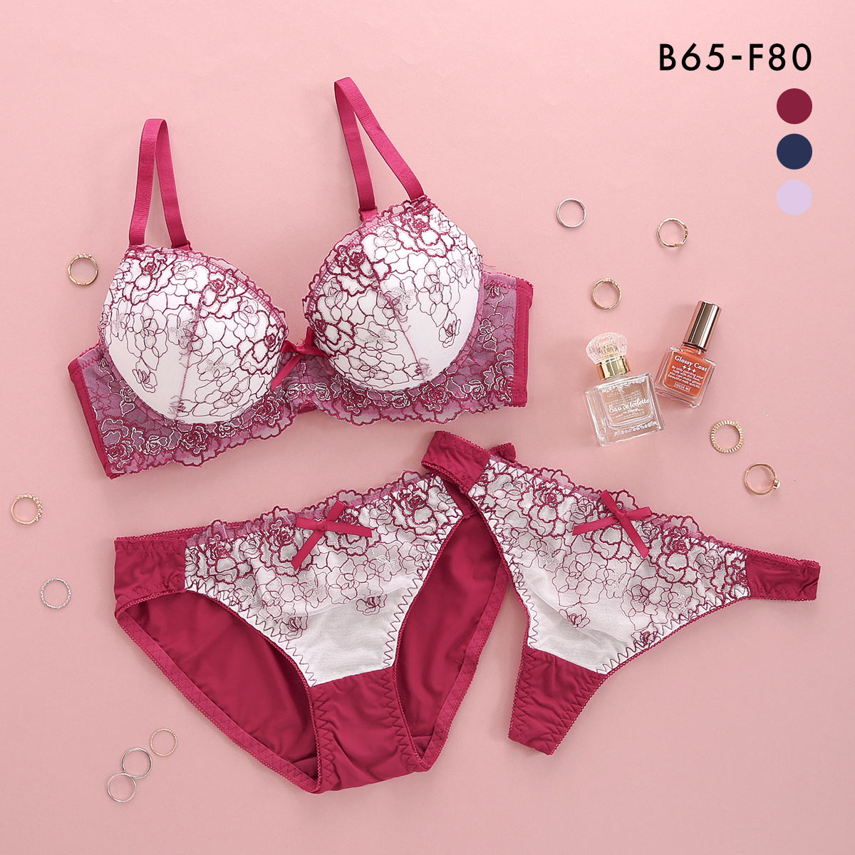 ローズ ラメレース ブラジャー ショーツ セット Tバック 3点セット