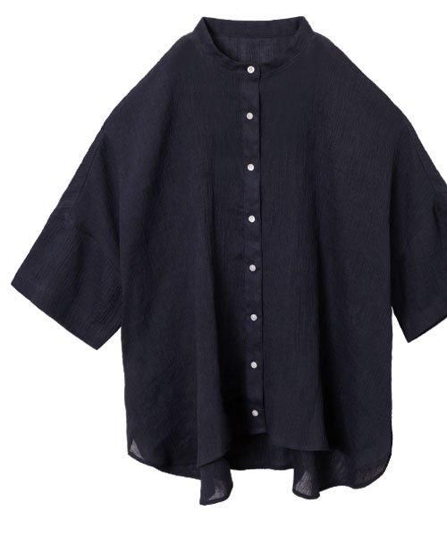 麻100% ちぢみ スタンドカラー ブラウス 半袖 | ネイビー - 楊柳生地