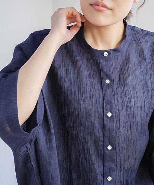 麻100% ちぢみ スタンドカラー ブラウス 半袖 | ネイビー - 楊柳生地
