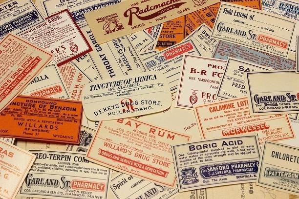 ファーマシーラベル アメリカビンテージ品-デザインの異なる薬瓶に貼る