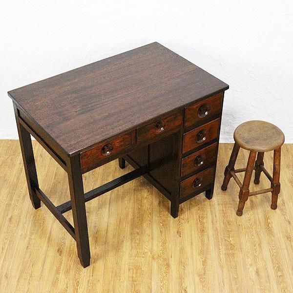 昭和初期のアンティークデスク｜天然木・引き出し6杯付き 落ち着いた色味