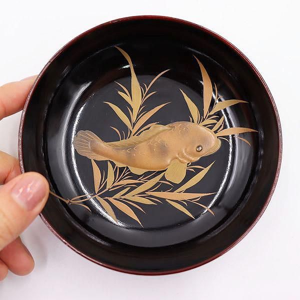 大正時代の希少アンティーク漆塗り小皿 魚蒔絵