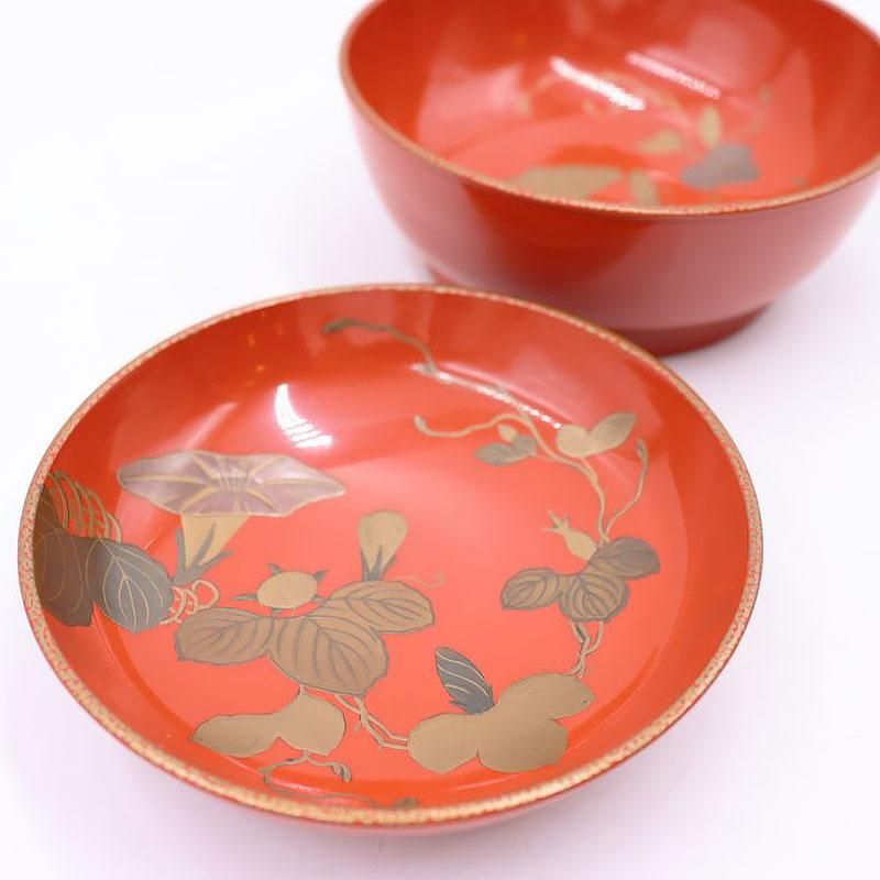 漆器 朱塗り 高蒔絵 大正昭和初期 煮物椀 草花模様