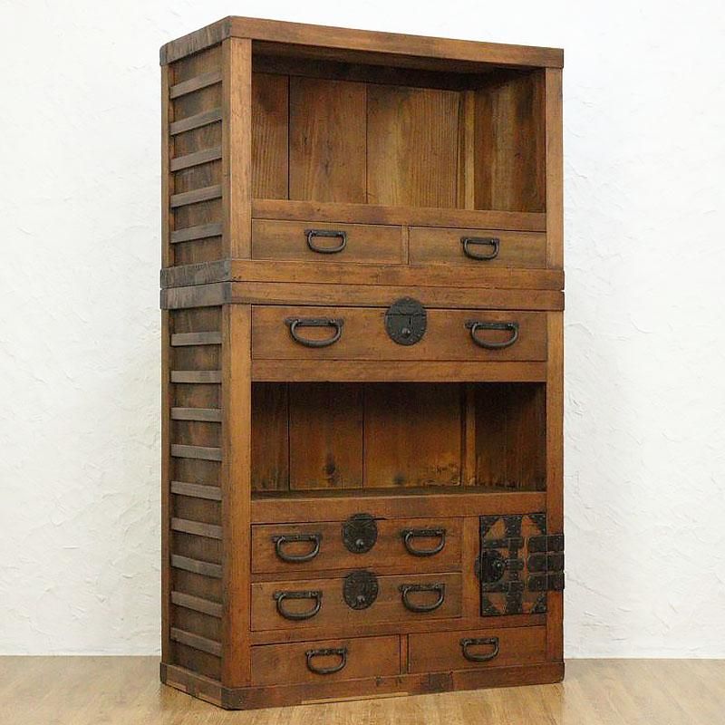キャビネット 帳場箪笥 二段重ね 明治大正頃 重厚感 時代金具