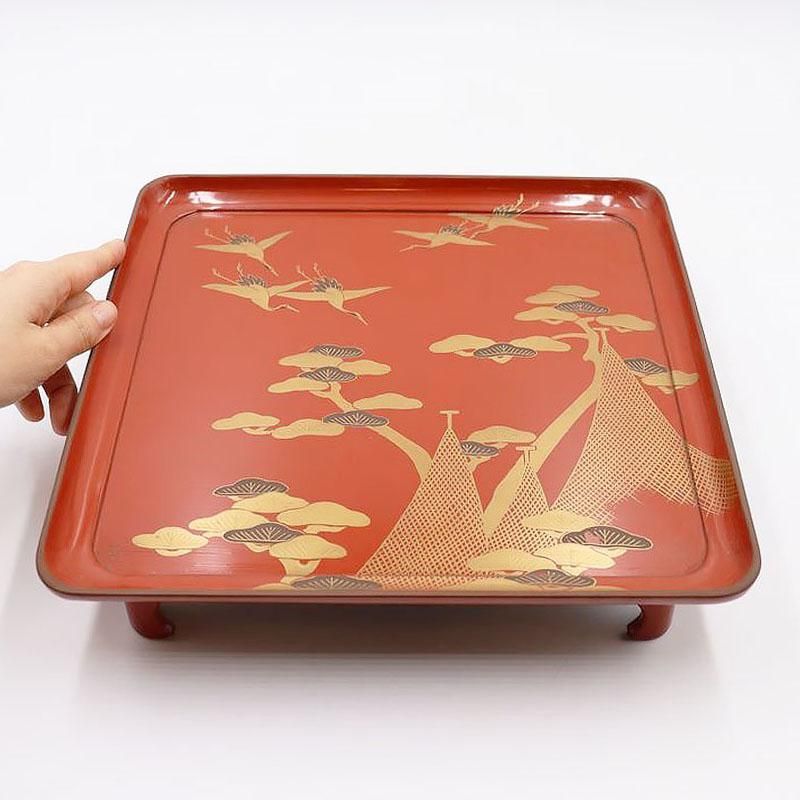 和モダン漆塗り脚付膳 金銀蒔絵で一人膳に最適 松網干デザイン