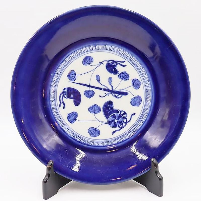 瑠璃藍色 手描き 大皿 飾り皿 盛り皿｜希少アンティーク｜和骨董江戸・明治