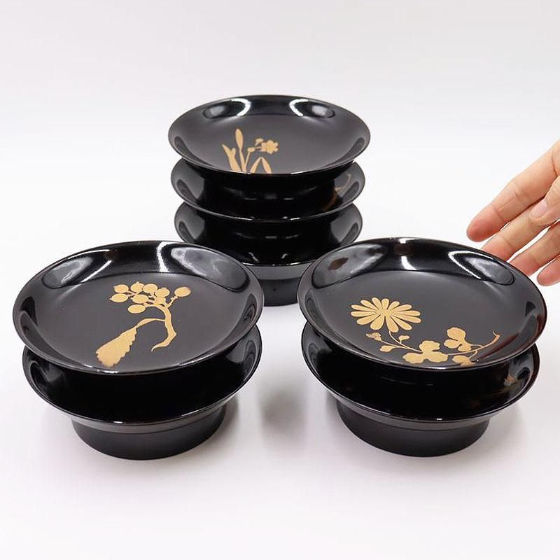 大正黒漆椿皿蒔絵銘々皿 雅やかな季節の草木花