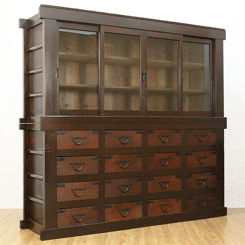 一間 水屋箪笥 食器棚 キャビネット 和家具 時代金具 アンティーク