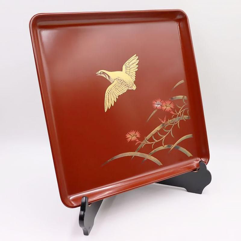 折敷 輪島塗 古代朱 沈金 昭和初期 36cm四方盆