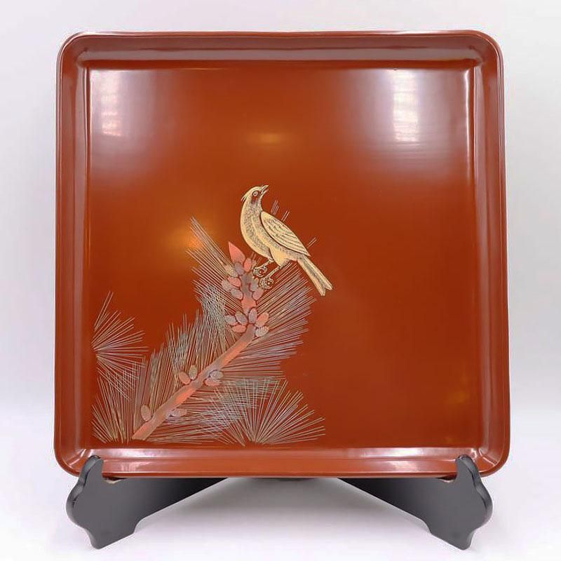 折敷 輪島塗 古代朱 沈金 昭和初期 36cm四方盆