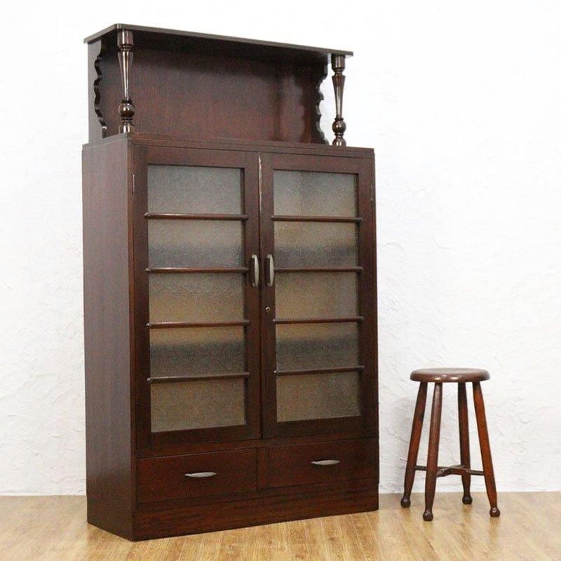 昭和期 すりガラス柱本箱 引出し付収納棚