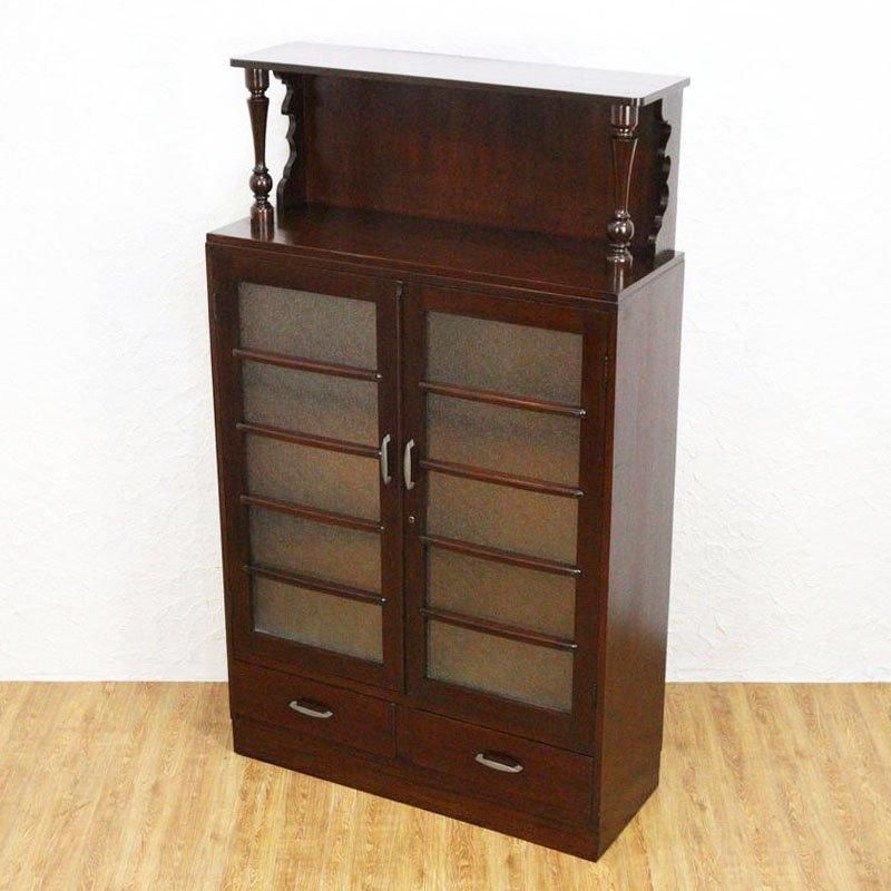 昭和期 すりガラス柱本箱 引出し付収納棚