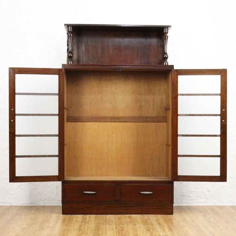 昭和期 すりガラス柱本箱 引出し付収納棚